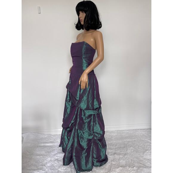 Vintage 80's F.I.E.S.T.A. iridescent teal taffeta draping strapless gown Medium - Picture 15 of 16
